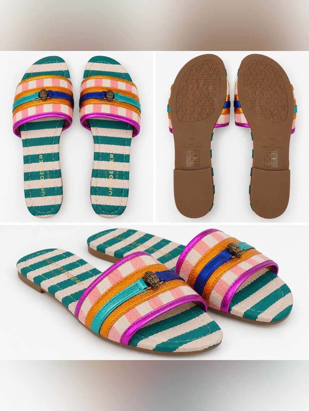 Kurt Geiger Teal Striped Slide Sandals with Multicolor Metallic Straps